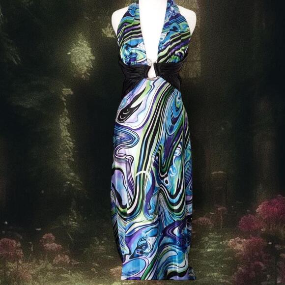 ✧ Y2k Psychedelic Liquid Print Swirl Backless Halter Gown ✧ - Picture 1 of 9